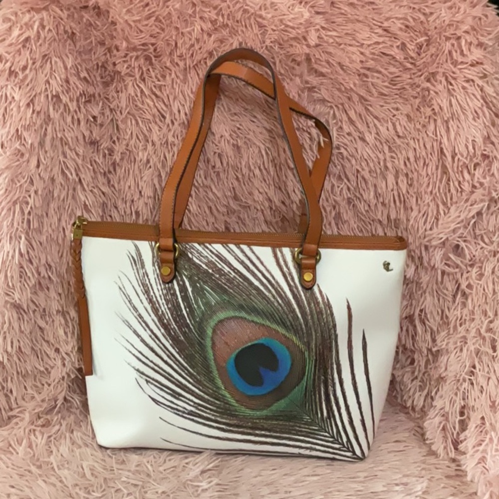 White Tote Bag with Peacock Feather Print and Tan Trim